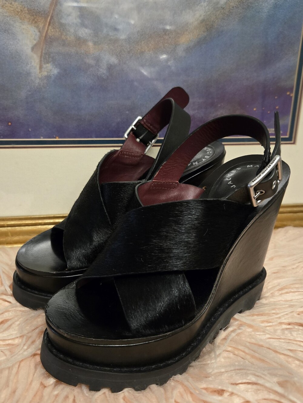 Marc by Marc Jacobs Black Pony Hair Leather Irving Platform Wedge Sandals Sz35.5